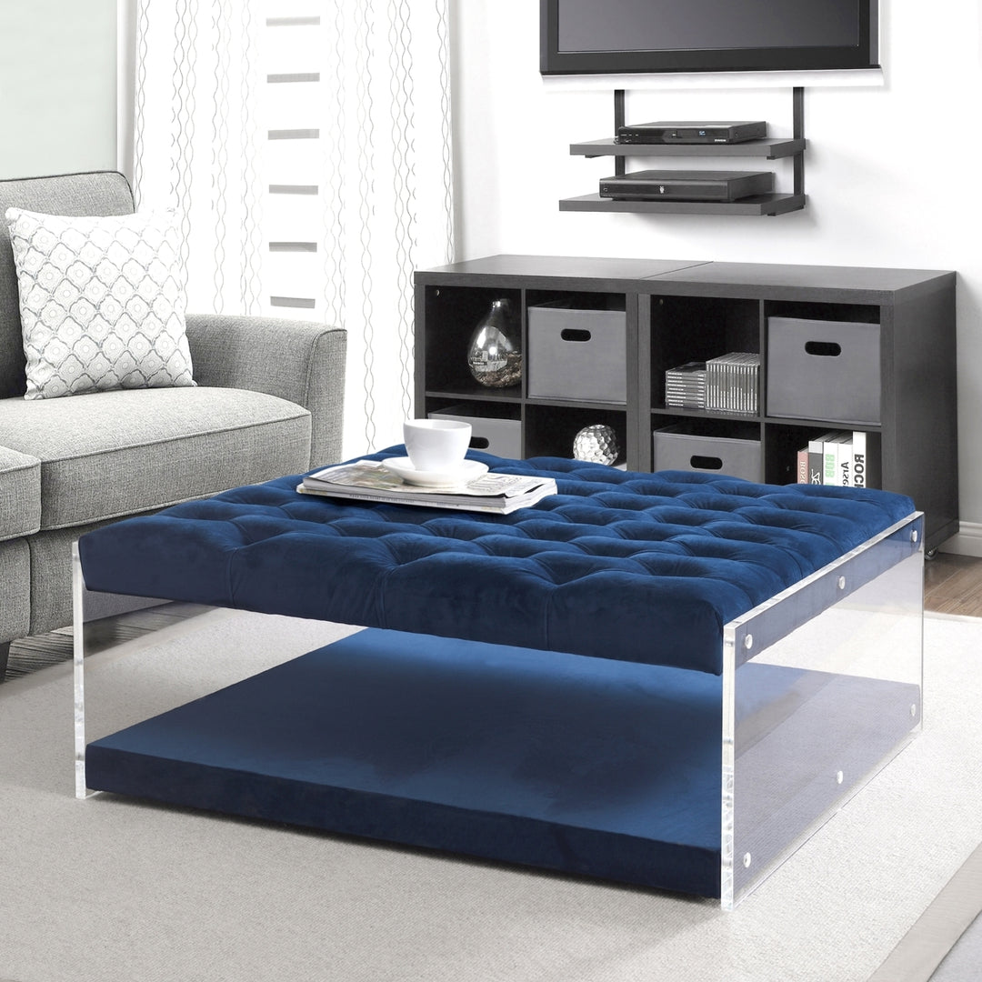 Inspired Home Morelli Velvet Modern Contemporary Oversized Button Tufted Clear Acrylic Sides Ottoman Image 2
