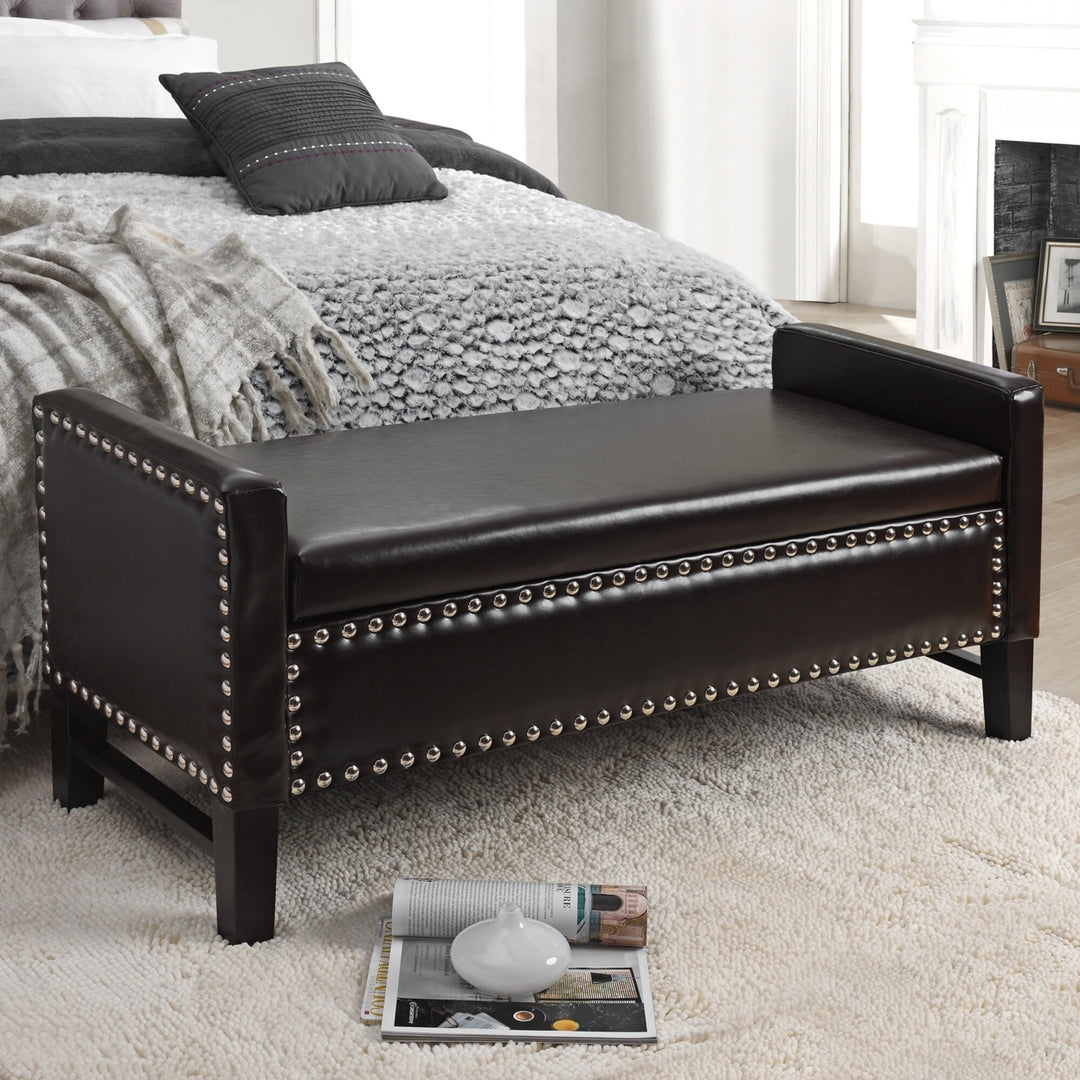 Inspired Home Scarlett PU Leather Modern Contemporary Silver Nailhead Trim Multi Position Storage Bench Image 2