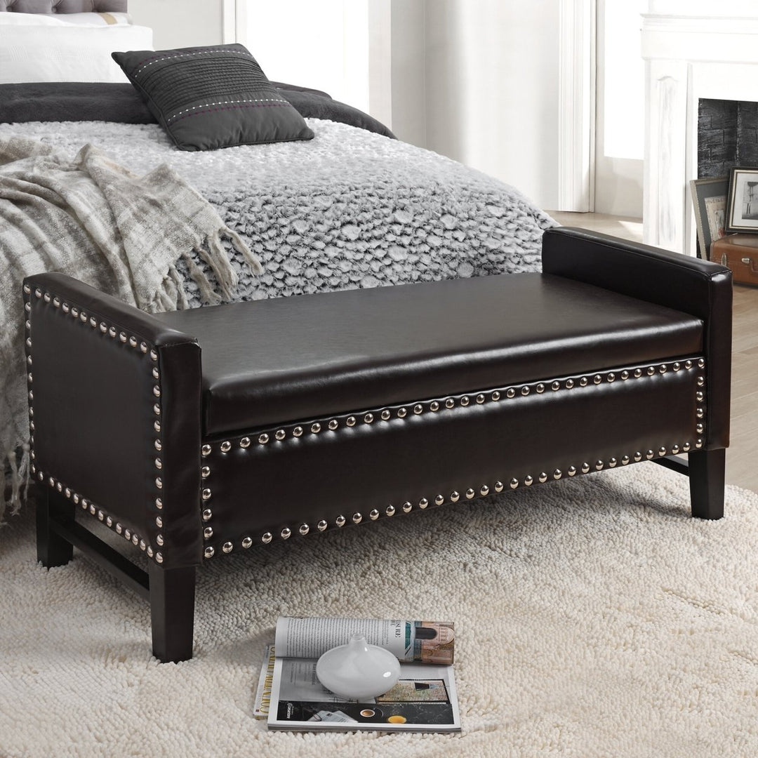 Inspired Home Scarlett PU Leather Modern Contemporary Silver Nailhead Trim Multi Position Storage Bench Image 1