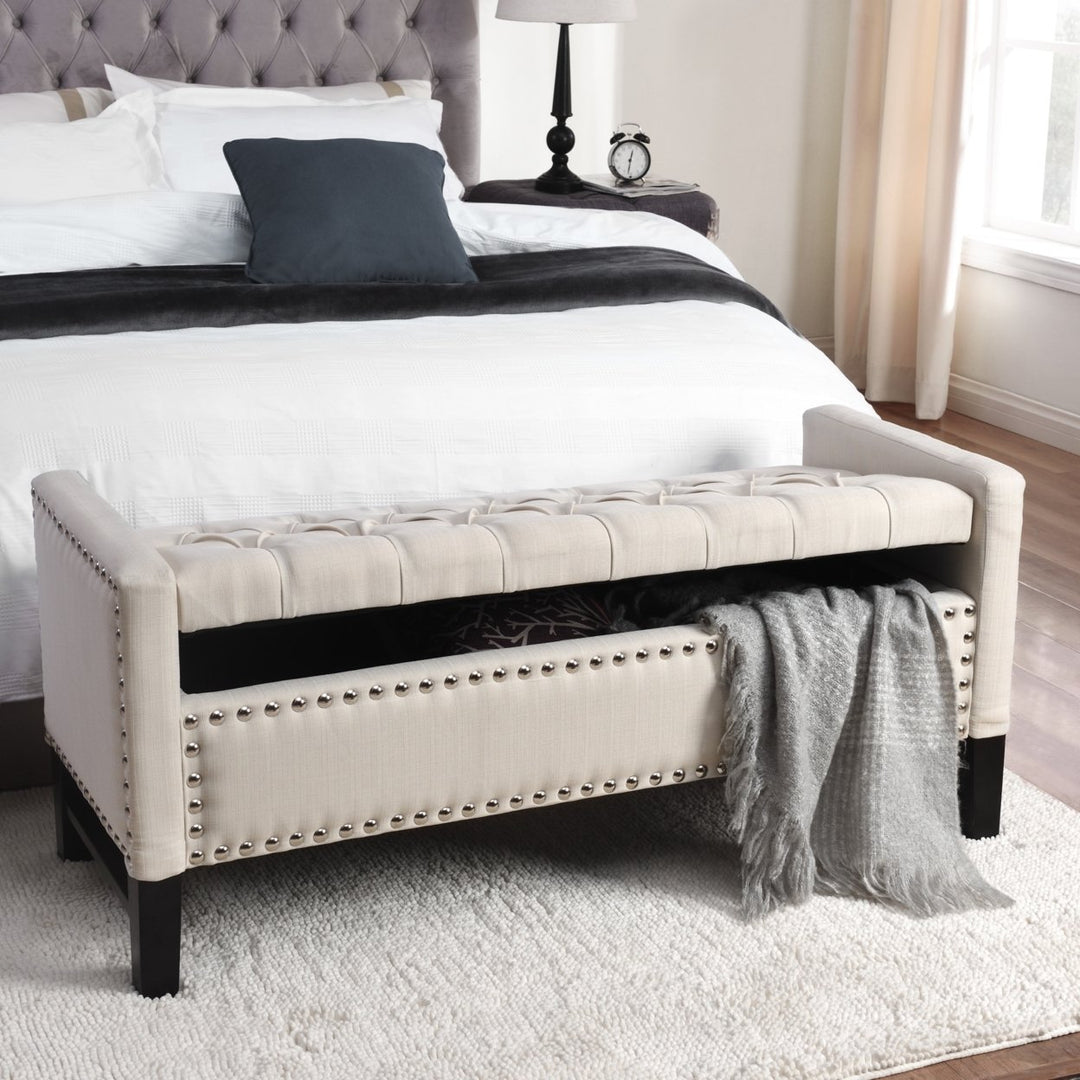 Scarlett Linen Button Tufted Storage Bench-Silver Nailhead Trim-Upholstered Image 1