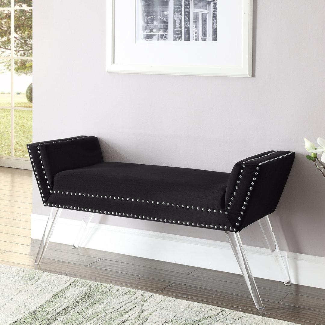 Dhyan Velvet Upholstered Bench-Modern Acrylic Legs-Nailhead Trim-Living-room, Entryway, Bedroom Image 1