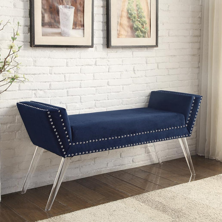 Dhyan Velvet Upholstered Bench-Modern Acrylic Legs-Nailhead Trim-Living-room, Entryway, Bedroom Image 3