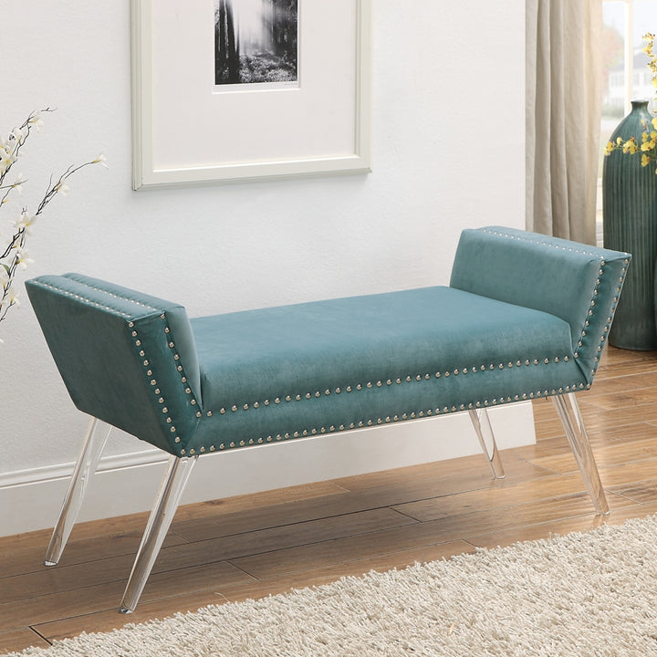 Dhyan Velvet Upholstered Bench-Modern Acrylic Legs-Nailhead Trim-Living-room, Entryway, Bedroom Image 4