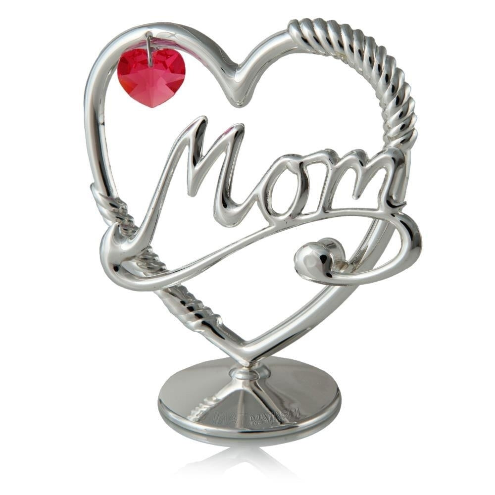 Silver Plated Crystal Studded Mom Heart Ornament w/Red Crystals by Matashi Image 1