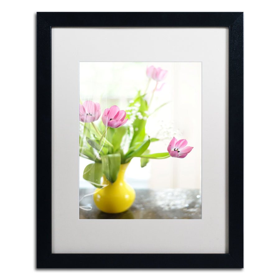 Lois Bryan Pink Tulips in Yellow Vase Black Wooden Framed Art 18 x 22 Inches Image 1