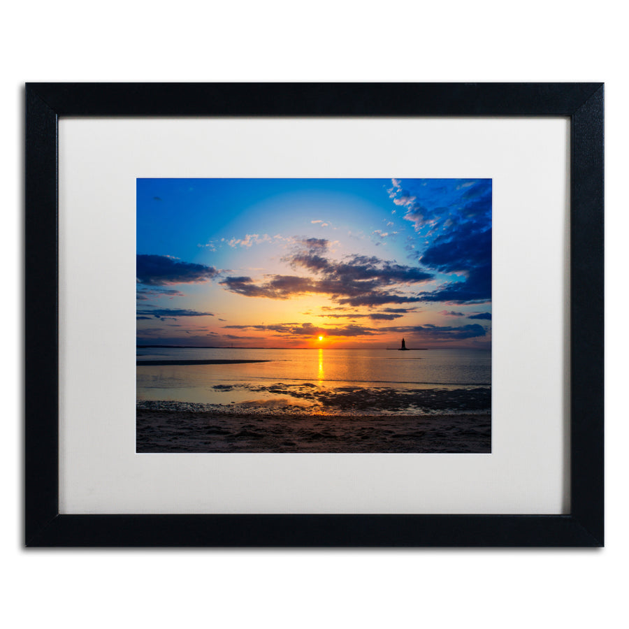 PIPA Fine Art Sunset Breakwater Lighthouse Black Wooden Framed Art 18 x 22 Inches Image 1