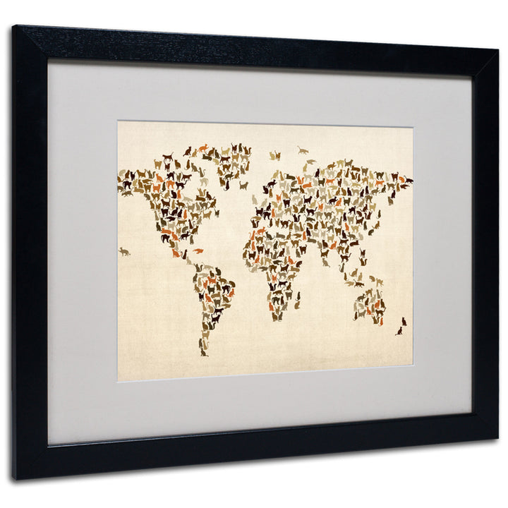 Michael Tompsett World Map - Cats Black Wooden Framed Art 18 x 22 Inches Image 1