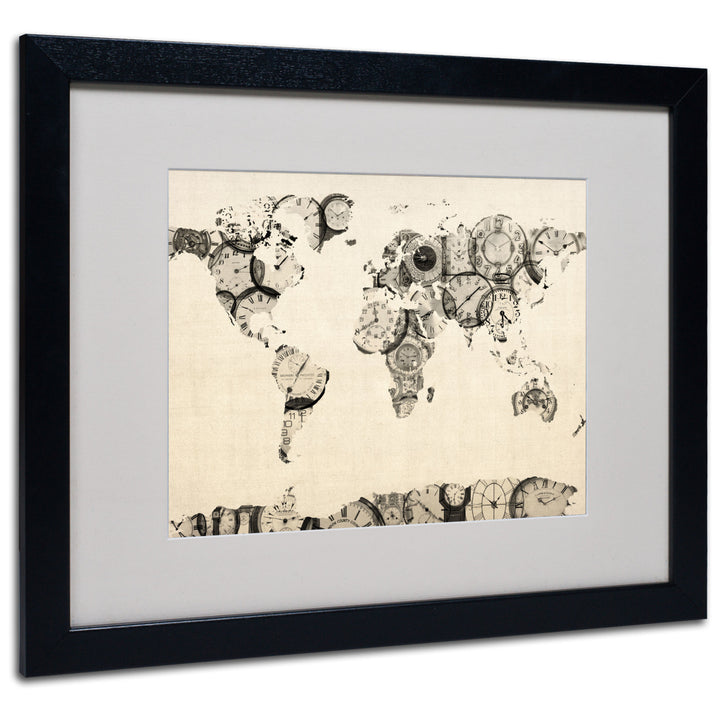 Michael Tompsett Old Clocks World Map Black Wooden Framed Art 18 x 22 Inches Image 1