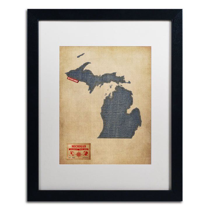 Michael Tompsett Michigan Map Denim Jeans Style Black Wooden Framed Art 18 x 22 Inches Image 1