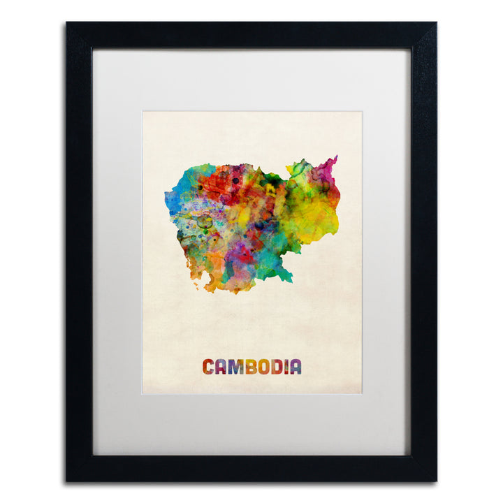 Michael Tompsett Cambodia Watercolor Map Black Wooden Framed Art 18 x 22 Inches Image 1