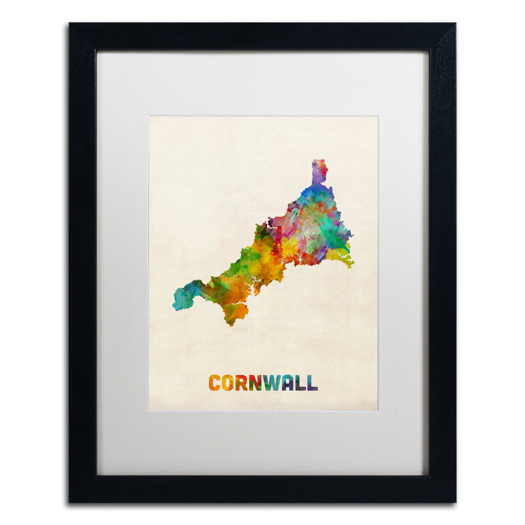 Michael Tompsett Cornwall England Watercolor Map Black Wooden Framed Art 18 x 22 Inches Image 1