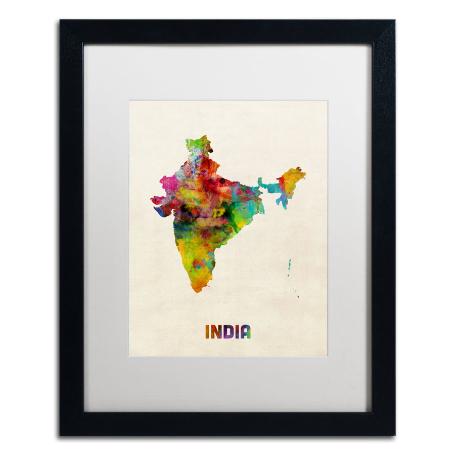 Michael Tompsett India Watercolor Map Black Wooden Framed Art 18 x 22 Inches Image 1