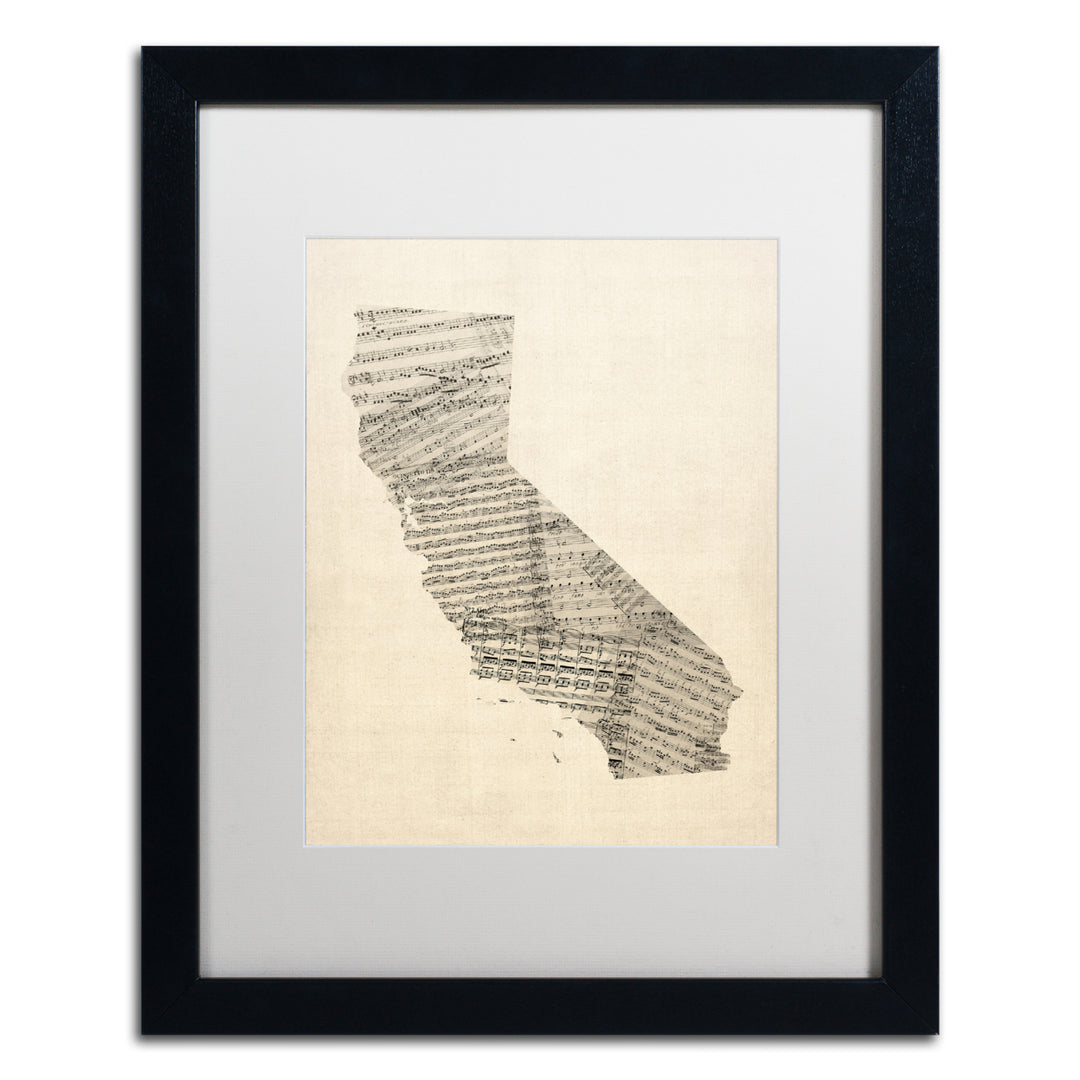 Michael Tompsett Old Sheet Music Map of California Black Wooden Framed Art 18 x 22 Inches Image 1