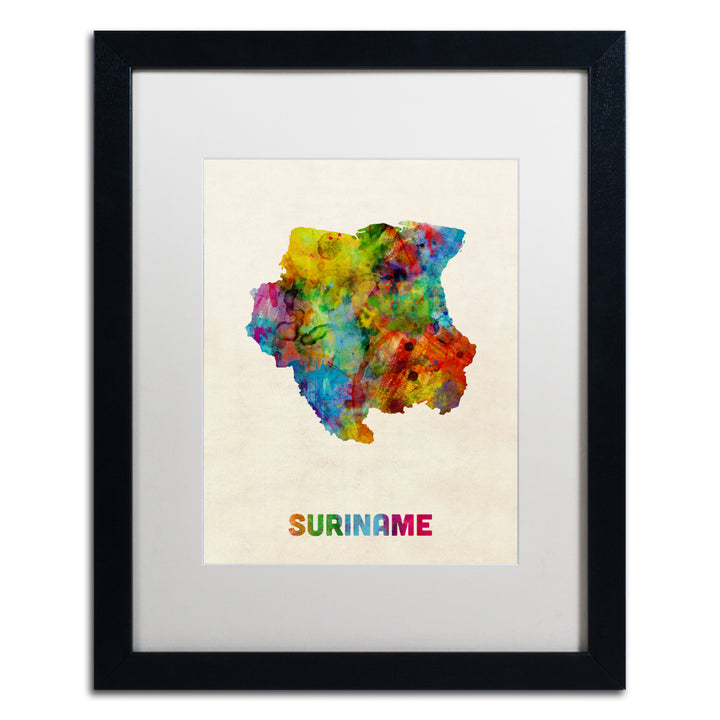 Michael Tompsett Suriname Watercolor Map Black Wooden Framed Art 18 x 22 Inches Image 1