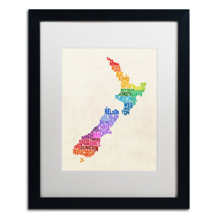 Michael Tompsett  Zealand Typography Map 3 Black Wooden Framed Art 18 x 22 Inches Image 1