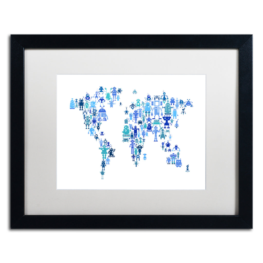 Michael Tompsett Robot Map of the World Blue Black Wooden Framed Art 18 x 22 Inches Image 1