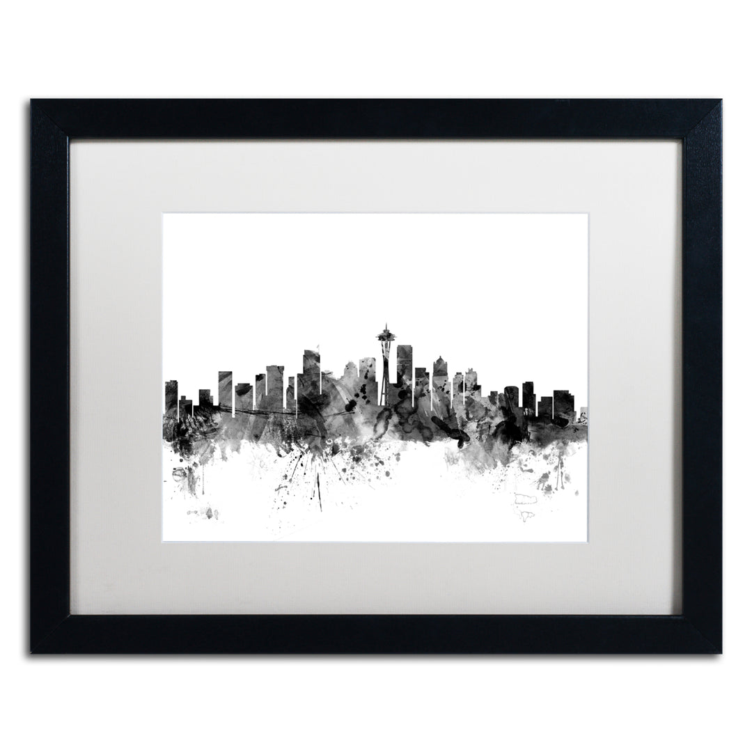 Michael Tompsett Seattle Washington Skyline BandW Black Wooden Framed Art 18 x 22 Inches Image 1