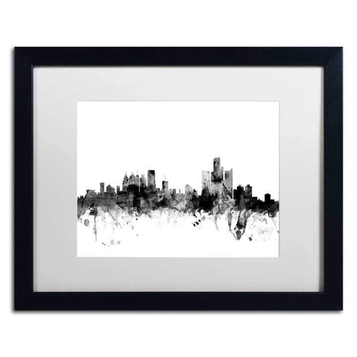 Michael Tompsett Detroit Michigan Skyline BandW Black Wooden Framed Art 18 x 22 Inches Image 1