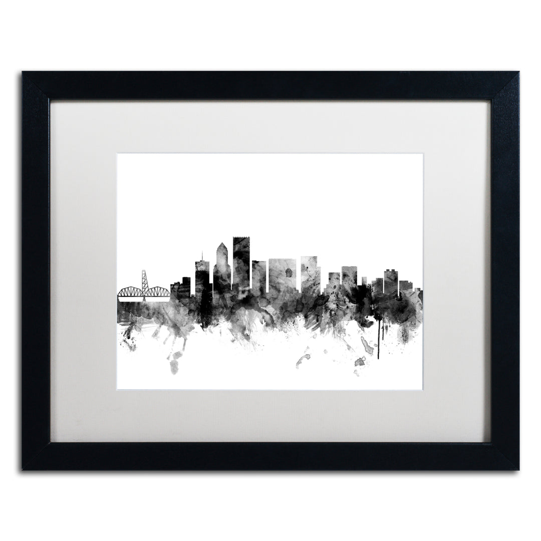 Michael Tompsett Portland Oregon Skyline BandW Black Wooden Framed Art 18 x 22 Inches Image 1