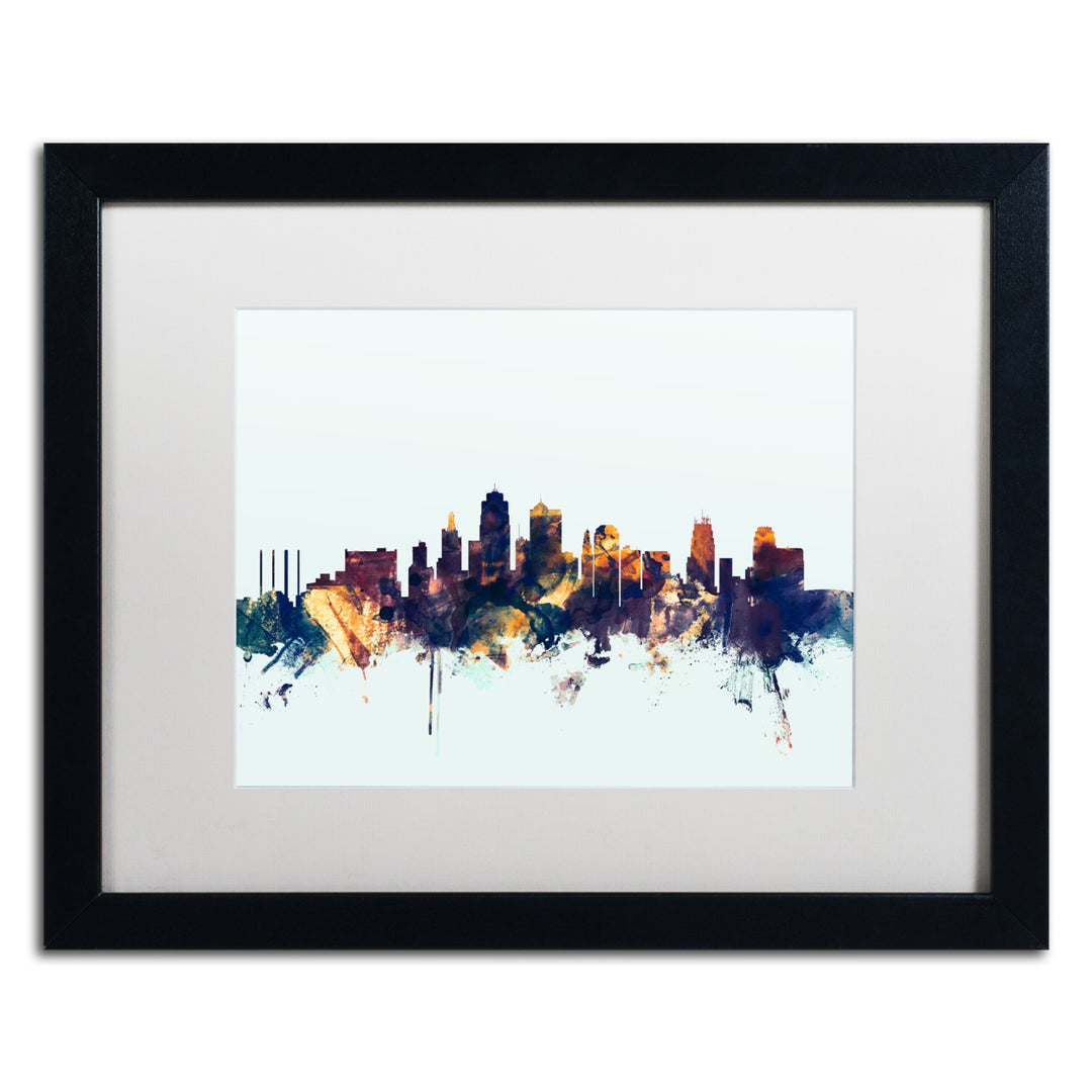 Michael Tompsett Kansas City Skyline Blue Black Wooden Framed Art 18 x 22 Inches Image 1