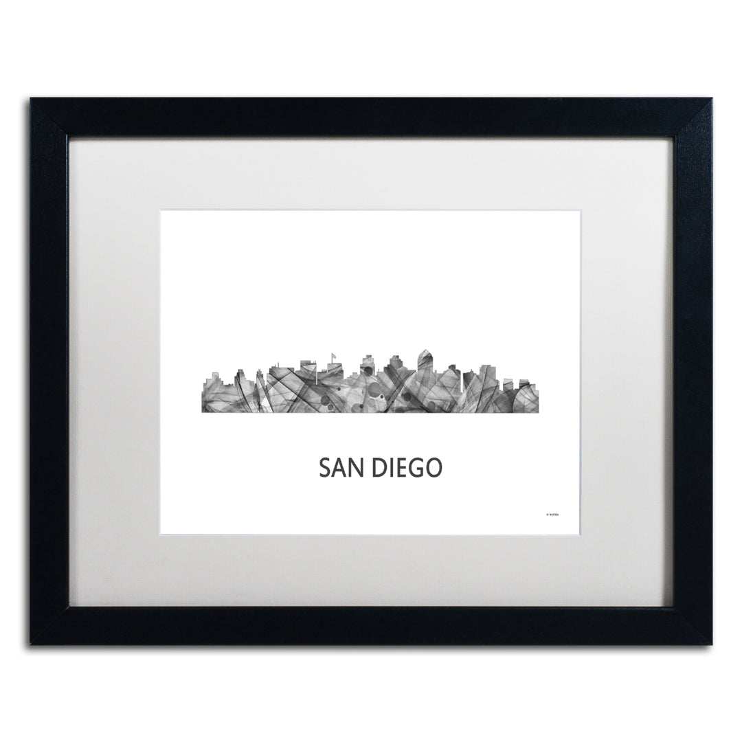 Marlene Watson San Diego California Skyline WB-BW Black Wooden Framed Art 18 x 22 Inches Image 1
