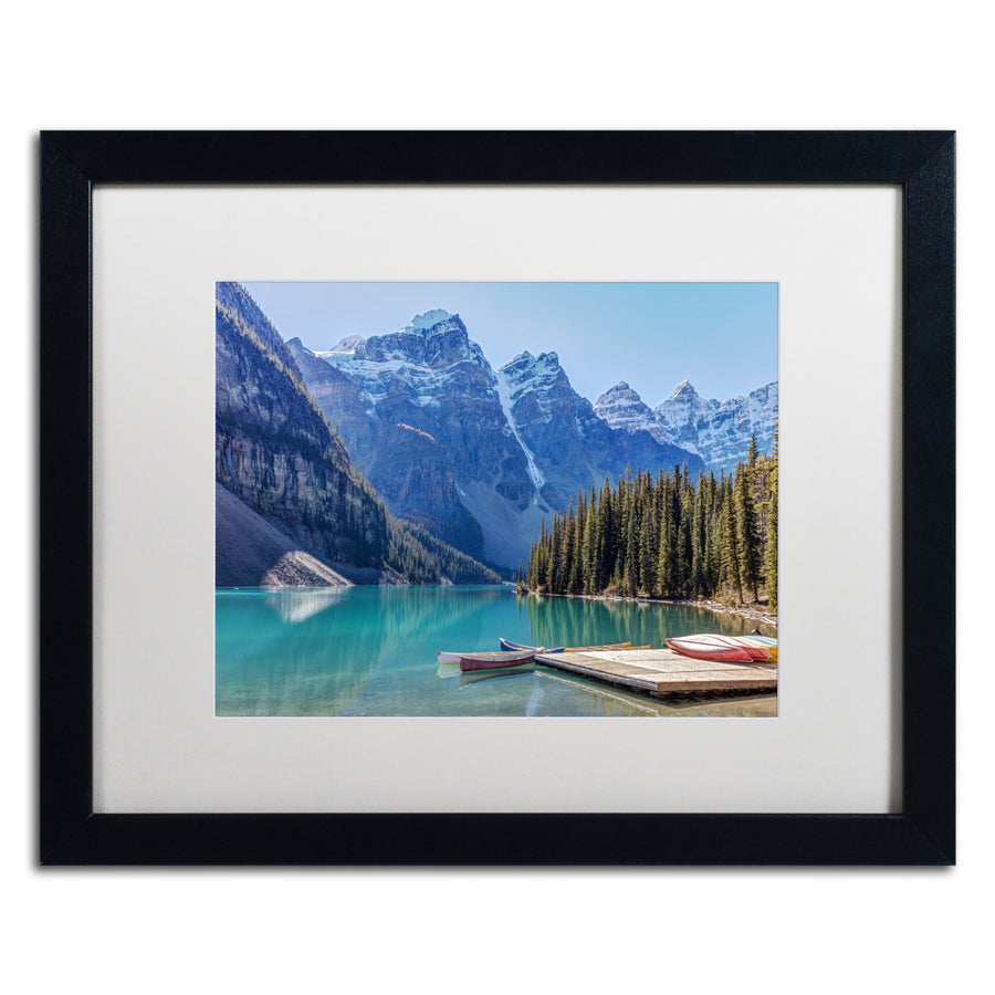 Pierre Leclerc Moraine Lake Canoes Black Wooden Framed Art 18 x 22 Inches Image 1