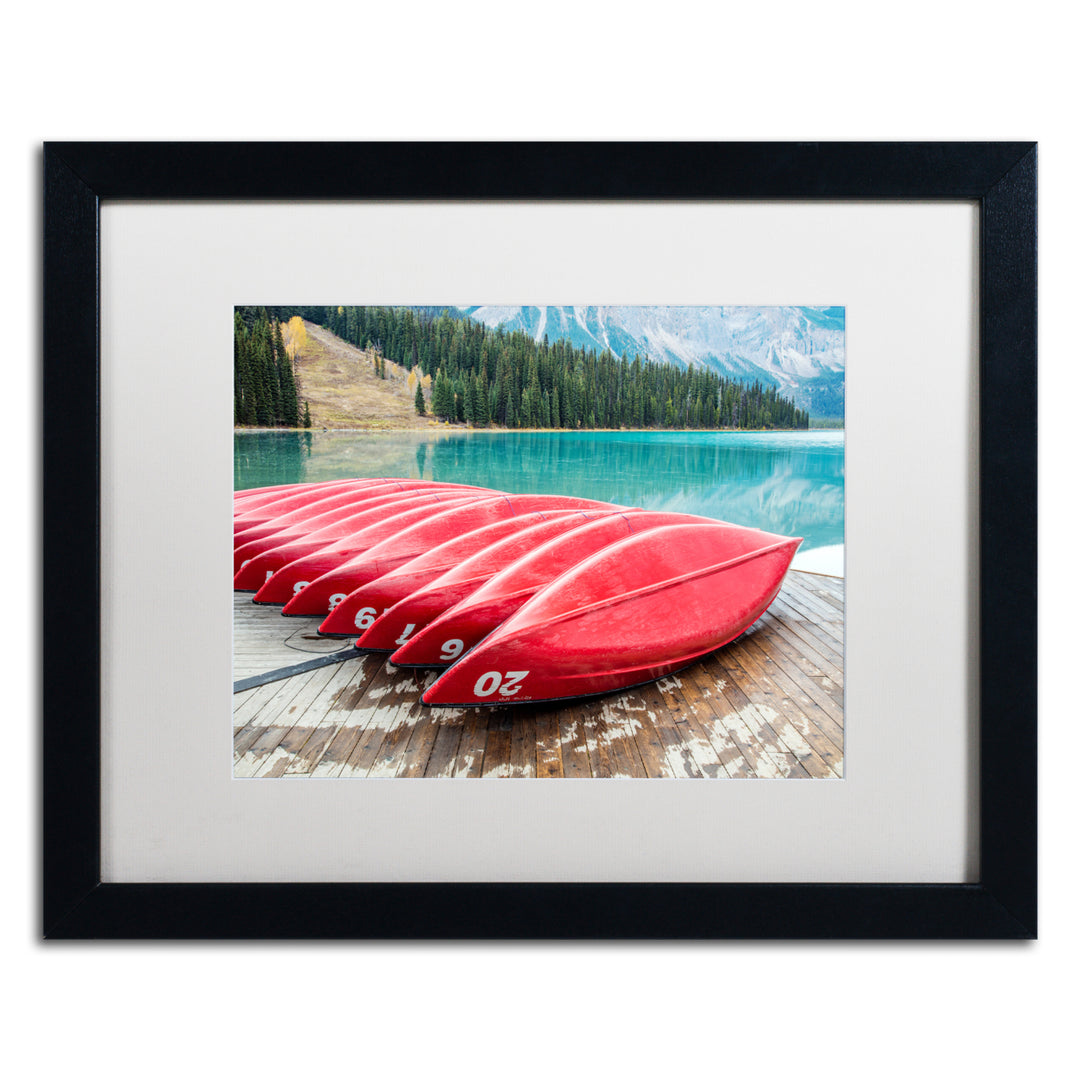 Pierre Leclerc Red Canoes of Emerald Lake Black Wooden Framed Art 18 x 22 Inches Image 1