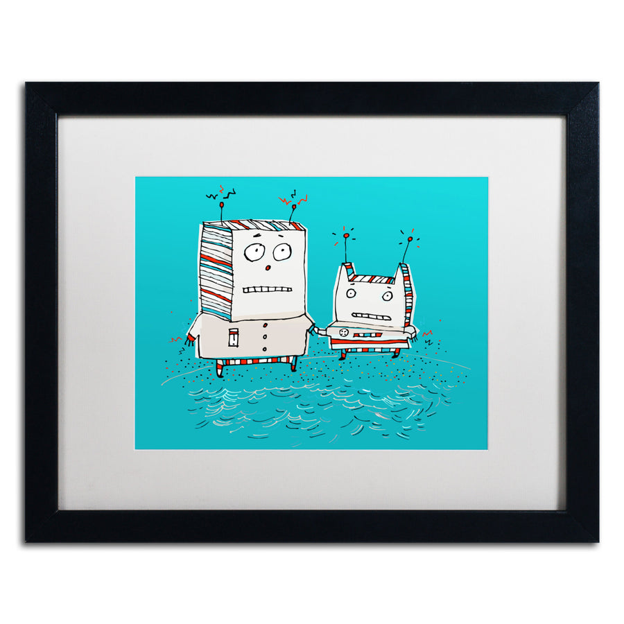 Carla Martell Robots on Beach Black Wooden Framed Art 18 x 22 Inches Image 1