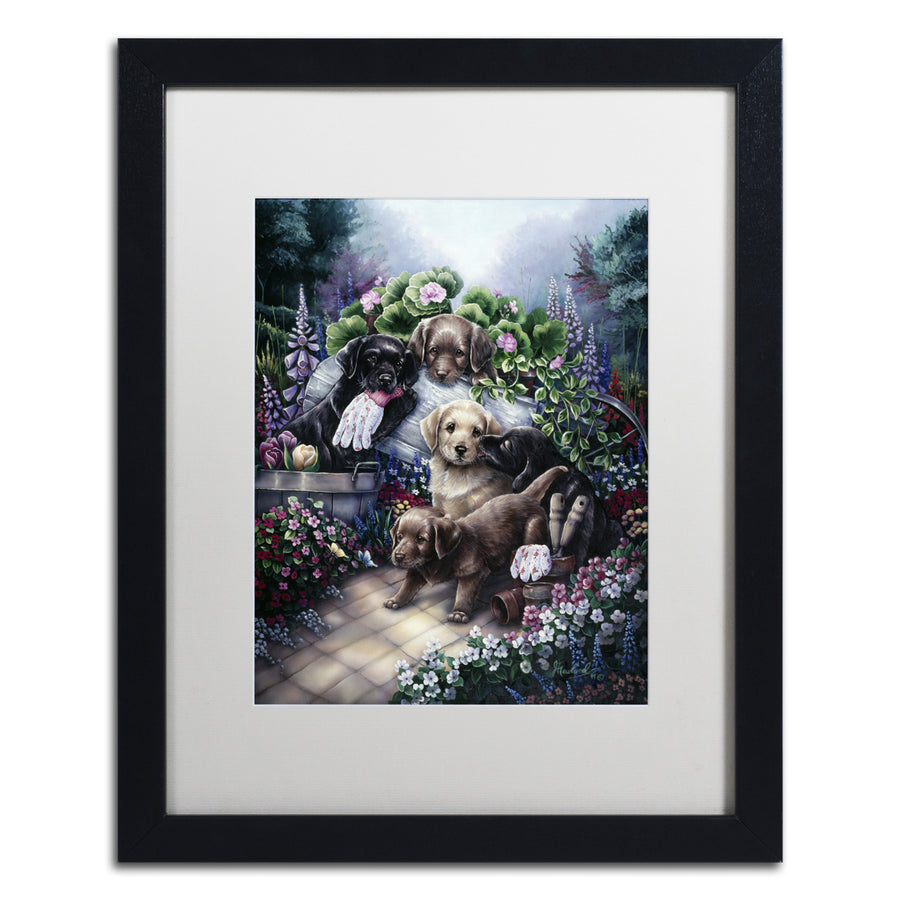 Jenny Newland Gardening Puppies Black Wooden Framed Art 18 x 22 Inches Image 1