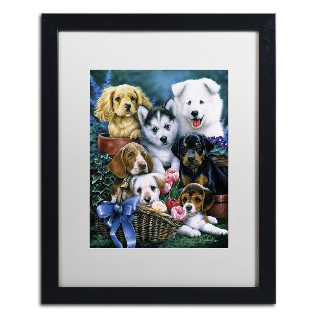 Jenny Newland Puppies Black Wooden Framed Art 18 x 22 Inches Image 1