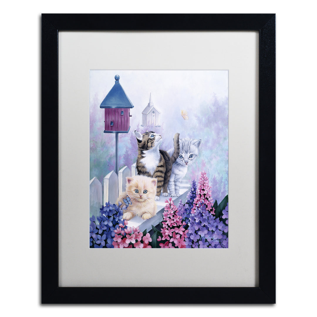 Jenny Newland Cats In Front Of The Birdfeeder Black Wooden Framed Art 18 x 22 Inches Image 1