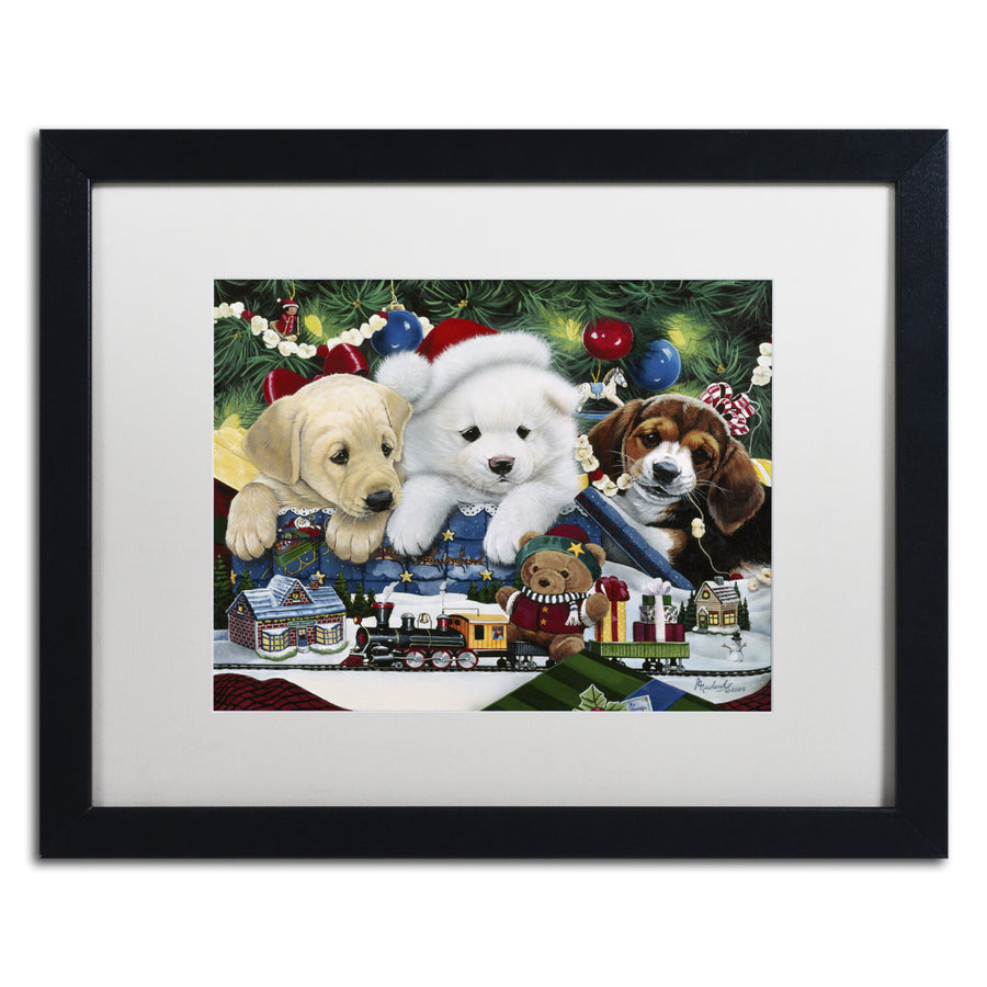 Jenny Newland Curious Christmas Pups Black Wooden Framed Art 18 x 22 Inches Image 1