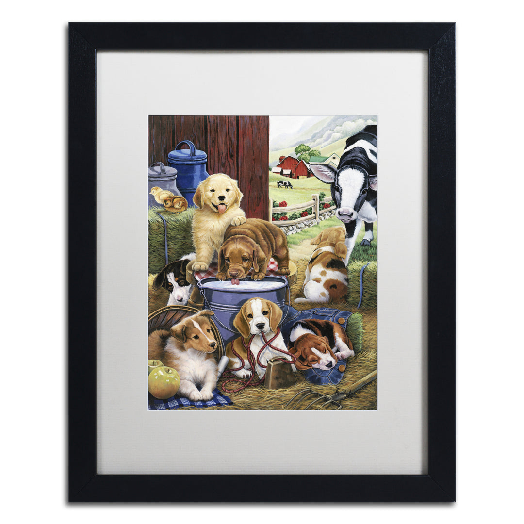 Jenny Newland Puppy Hayday Black Wooden Framed Art 18 x 22 Inches Image 1