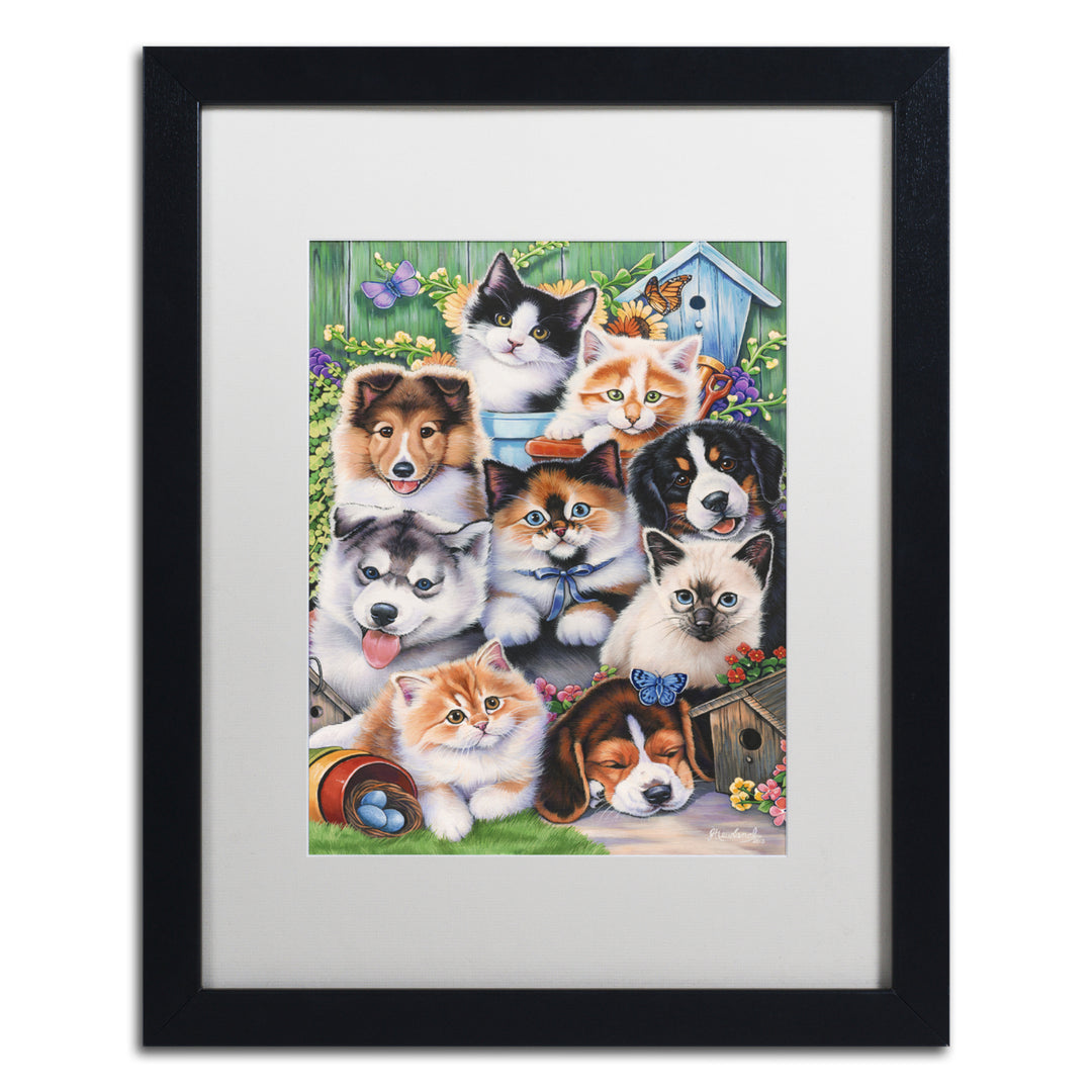 Jenny Newland Kittens and Puppies In The Garden Black Wooden Framed Art 18 x 22 Inches Image 1