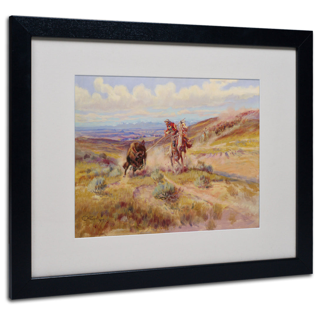 Charles Russell Spearing a Buffalo 1925 Black Wooden Framed Art 18 x 22 Inches Image 1