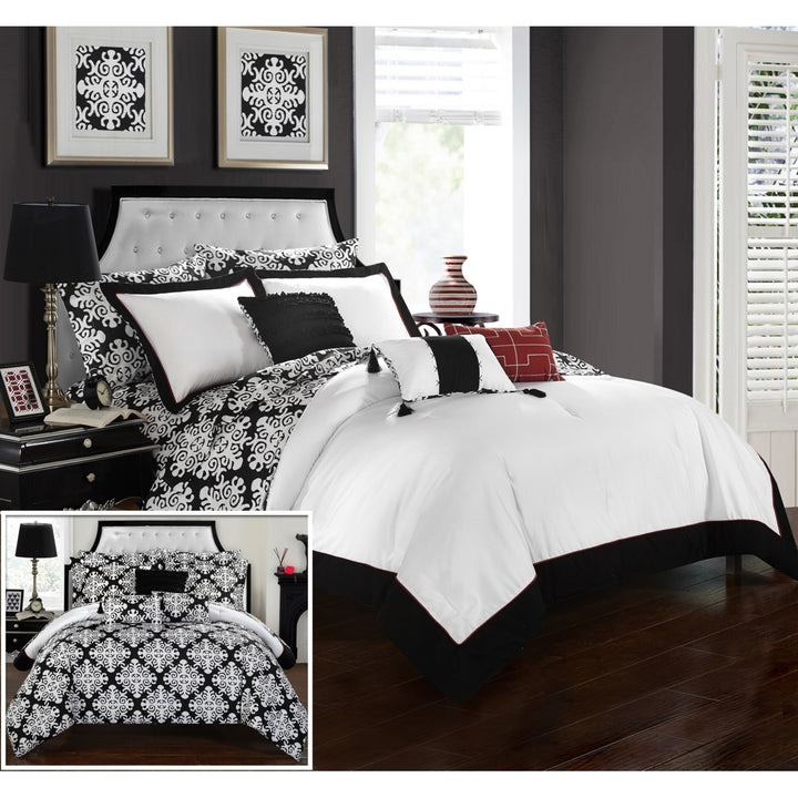 Chic Home 10 Piece Naira Black and White REVERSIBLE Medallion printed PLUSH Hotel Collection Bed In a Bag Comforter Set Image 1