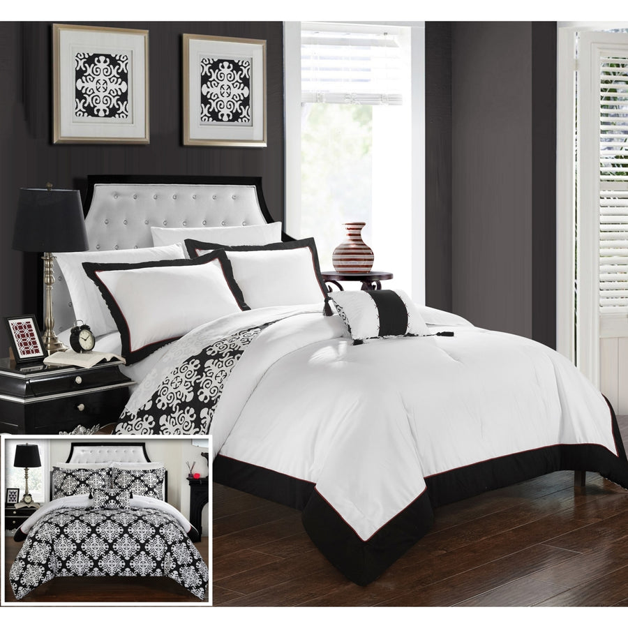 Chic Home 8 Piece Mallow Black and White REVERSIBLE Medallion printed PLUSH Hotel Collection Bed In a Bag Duvet Set With Image 1