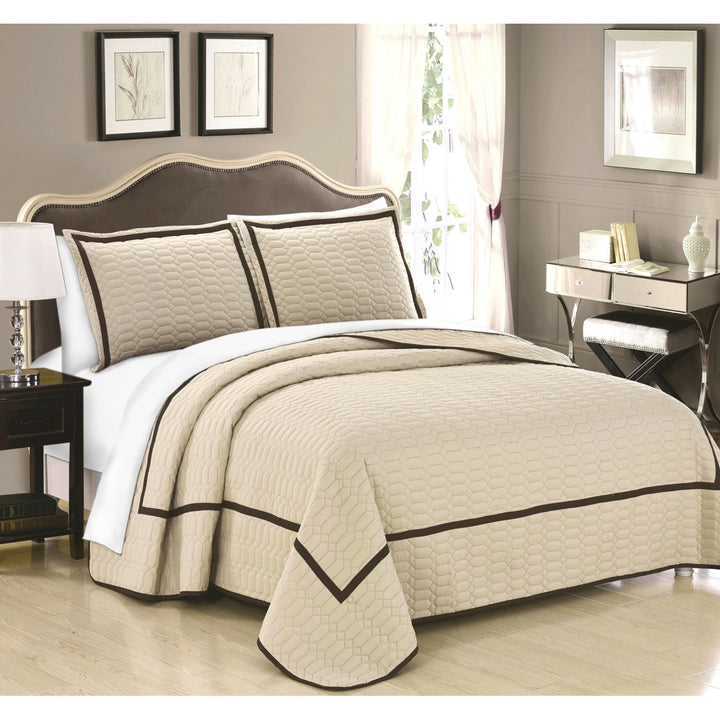 3 or 2  Piece Halrowe Hotel Collection 2 tone banded Quilted Geometrical Embroidered Quilt Set Image 1