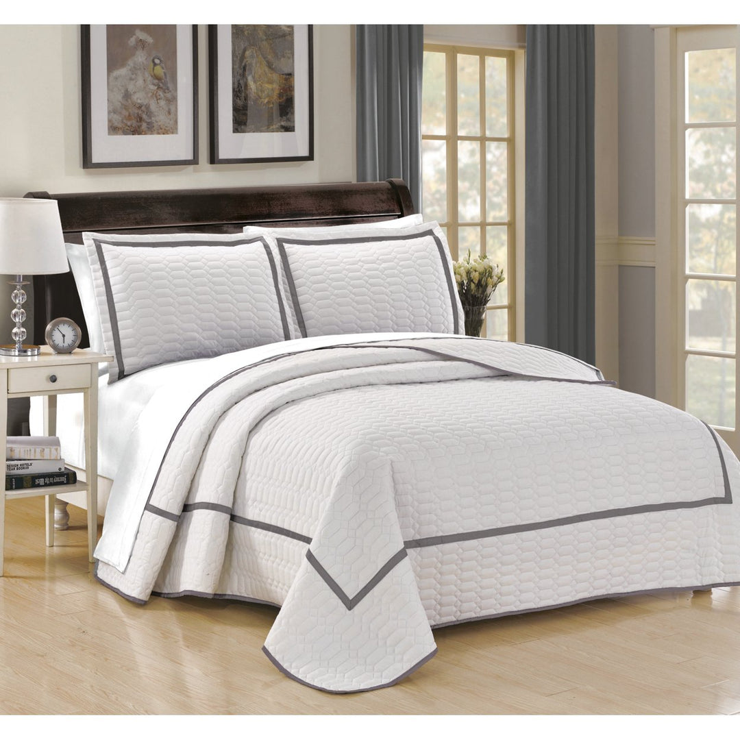 3 or 2  Piece Halrowe Hotel Collection 2 tone banded Quilted Geometrical Embroidered Quilt Set Image 3