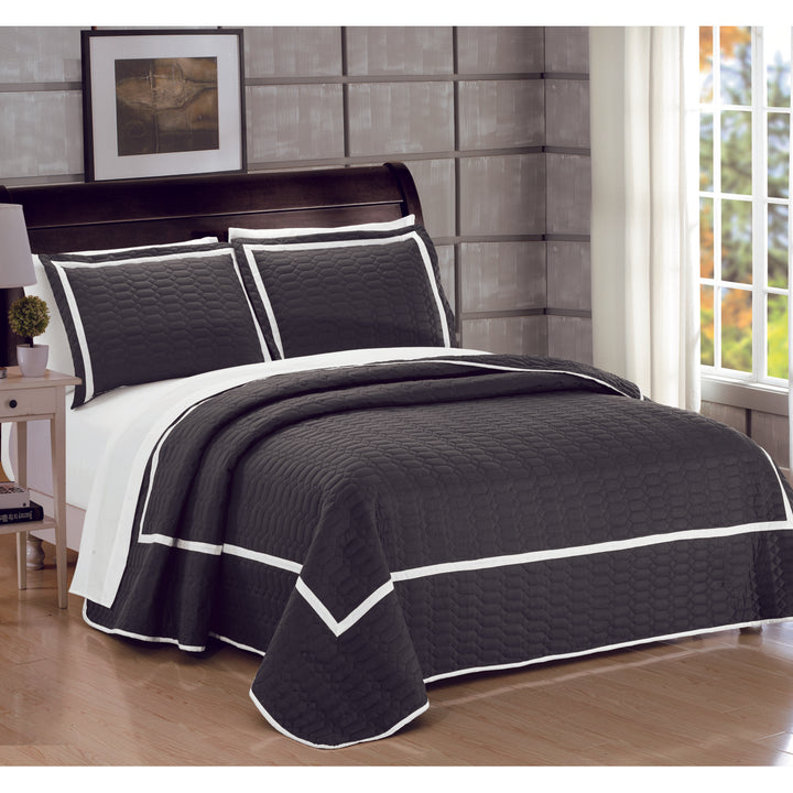 3 or 2 Piece Halrowe Hotel Collection 2 tone banded Quilted Geometrical Embroidered Quilt Set Image 4