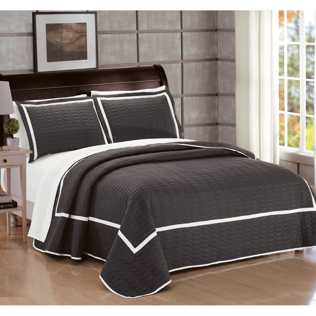 3 or 2 Piece Halrowe Hotel Collection 2 tone banded Quilted Geometrical Embroidered Quilt Set Image 1