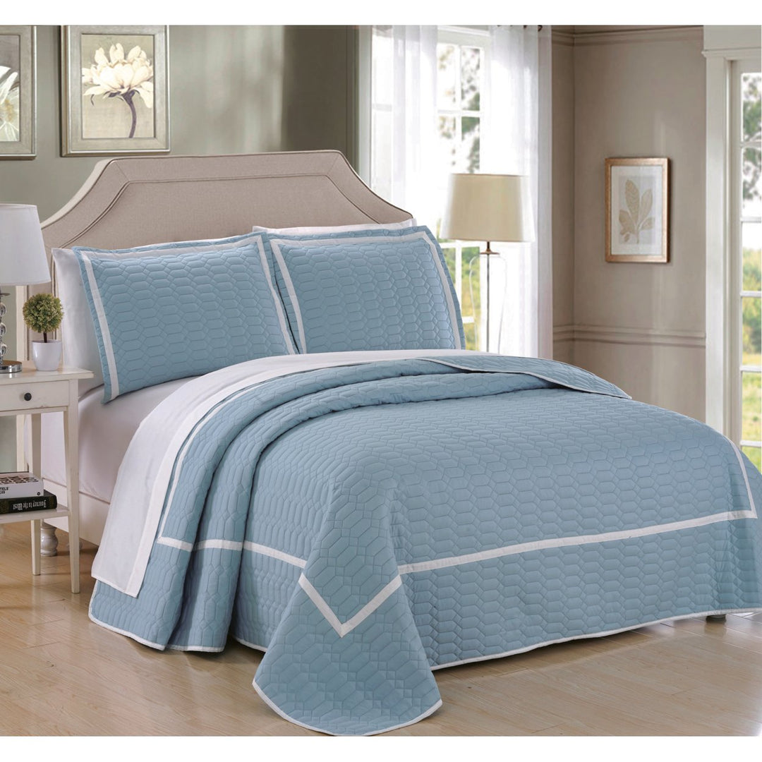 3 or 2  Piece Halrowe Hotel Collection 2 tone banded Quilted Geometrical Embroidered Quilt Set Image 1