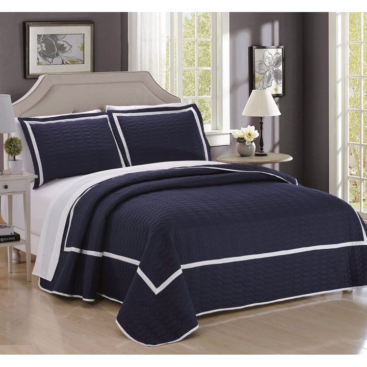 3 or 2 Piece Halrowe Hotel Collection 2 tone banded Quilted Geometrical Embroidered Quilt Set Image 1