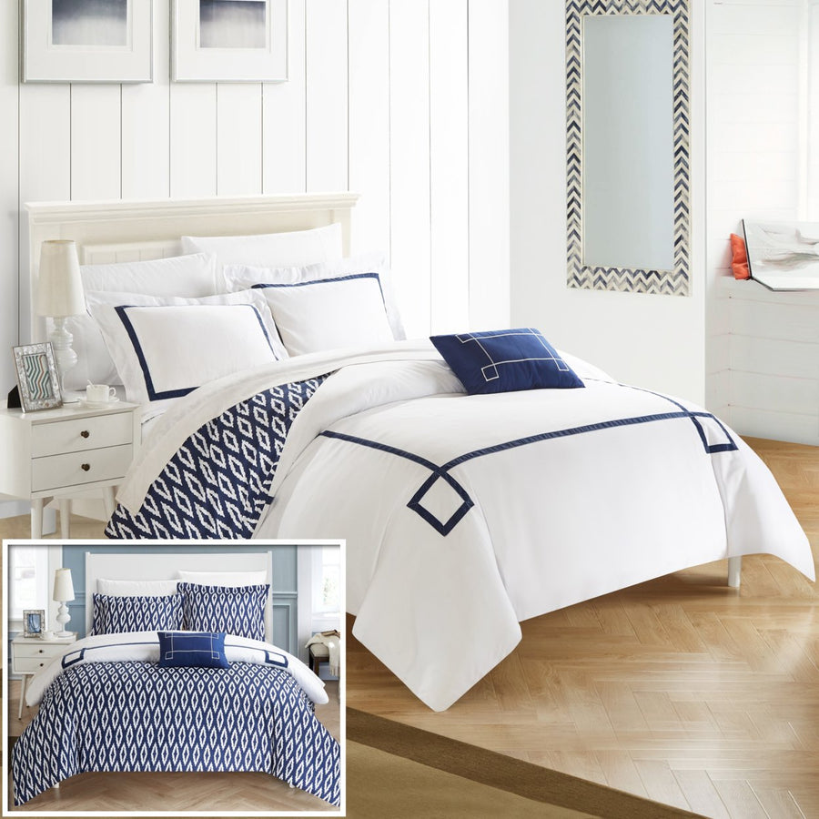 Chic Home 8 Piece Berwin Contemporary Greek Key Embroidered REVERSIBLE Bed In a Bag Duvet Set With sheet set Image 1