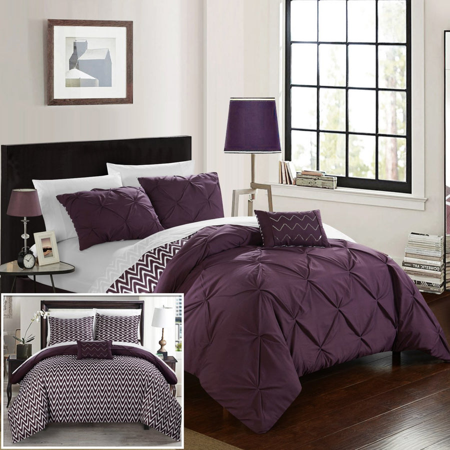 Chic Home 3/4 Piece Portia Pinch Pleated, REVERSIBLE Chevron Print ruffled and pleated Comforter Set Shams and Image 1