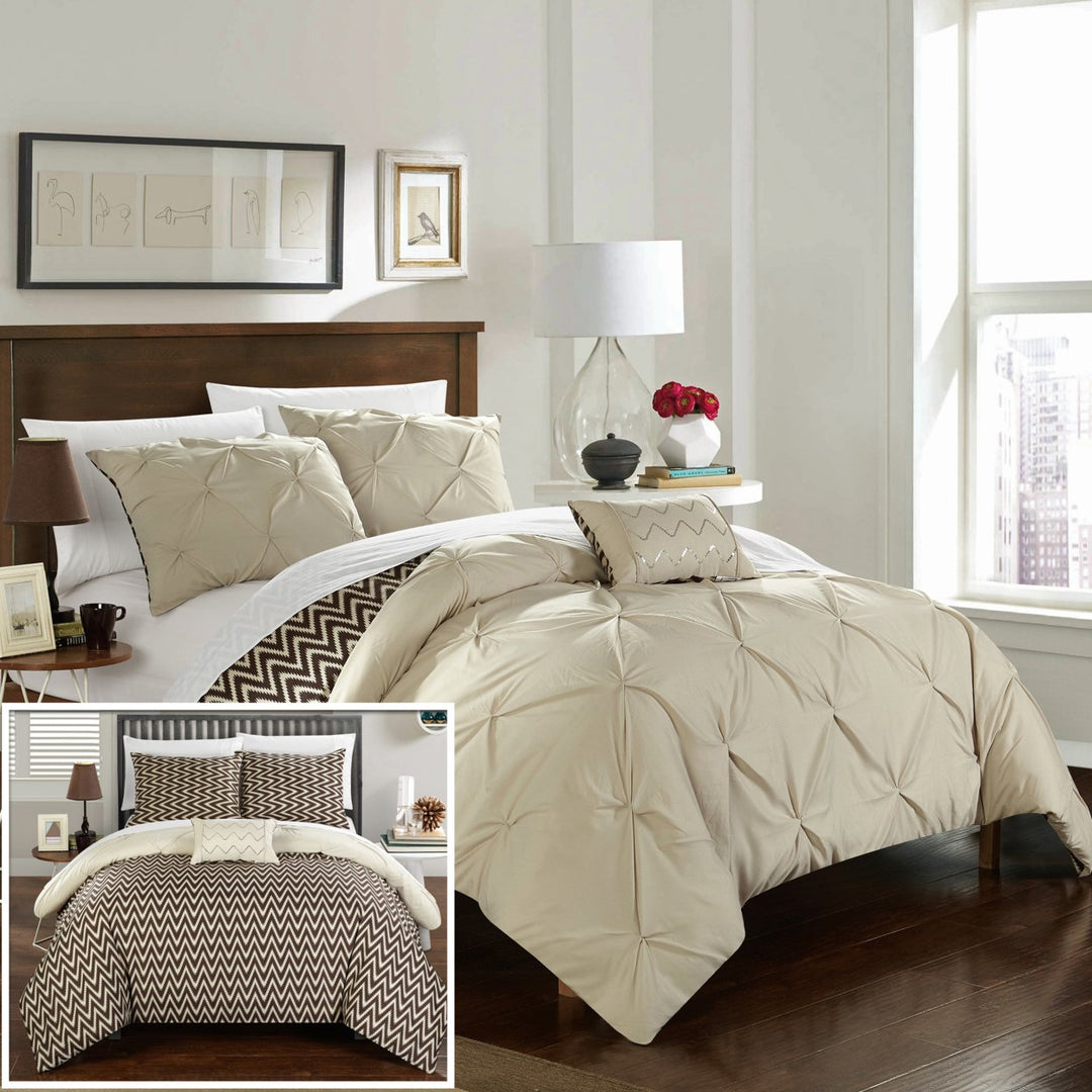 Chic Home 3/4 Piece Portia Pinch Pleated, REVERSIBLE Chevron Print ruffled and pleated Comforter Set Shams and Image 4