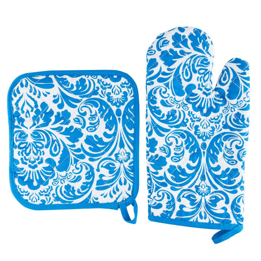 Lavish Home Cotton Oven Mitt Pot Holder Set Blue Quilted Heat Protection 2pc Image 1