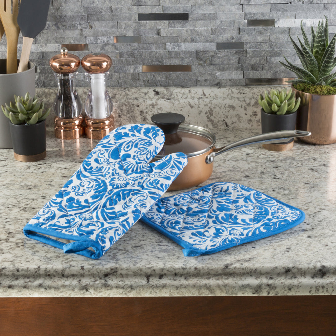 Lavish Home Cotton Oven Mitt Pot Holder Set Blue Quilted Heat Protection 2pc Image 2