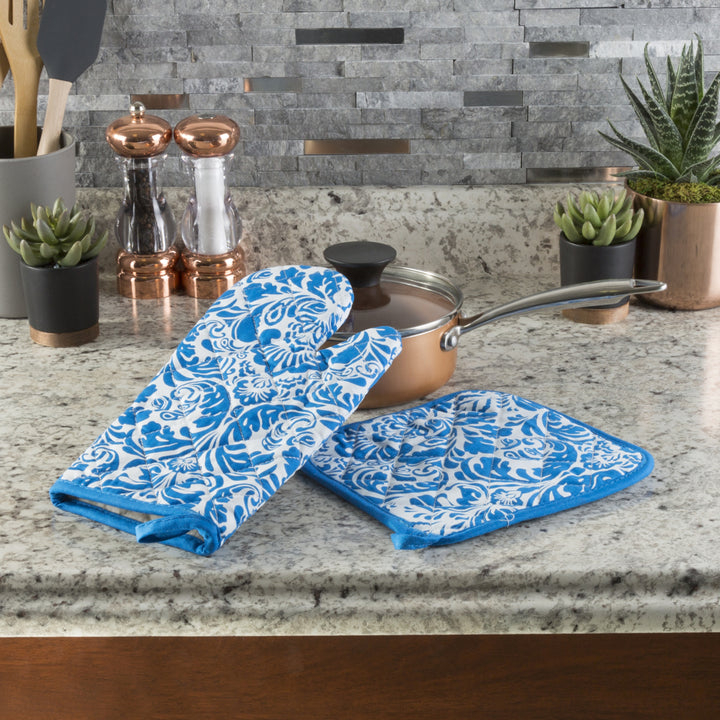 Lavish Home Cotton Oven Mitt Pot Holder Set Blue Quilted Heat Protection 2pc Image 2