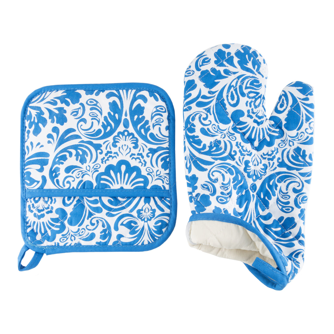 Lavish Home Cotton Oven Mitt Pot Holder Set Blue Quilted Heat Protection 2pc Image 3